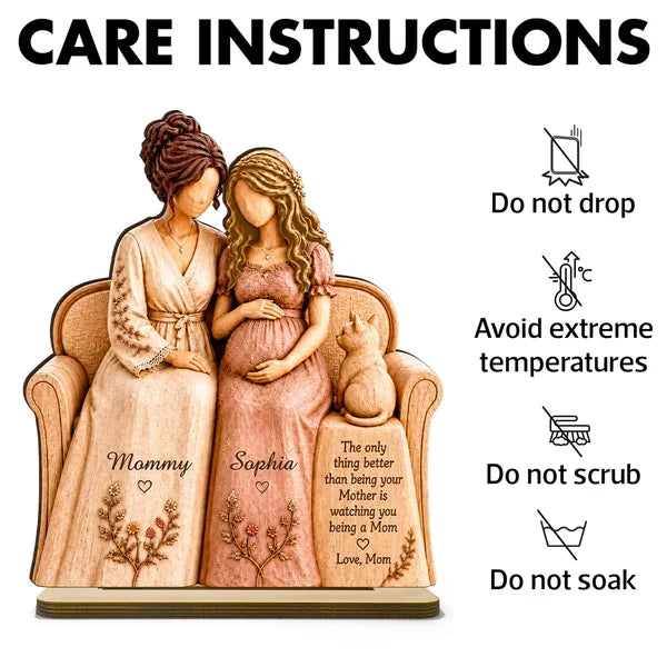 Personalized 2-Layer Wooden Plaque, Seated Mother and Pregnant Daughter, Heartfelt Creative Gift for New Mom