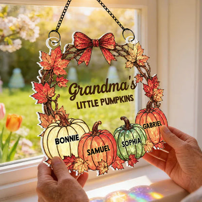 Personalized Acrylic Suncatcher Ornament with Fall Pumpkins, Unique Gift for Grandma's Sunlit Window