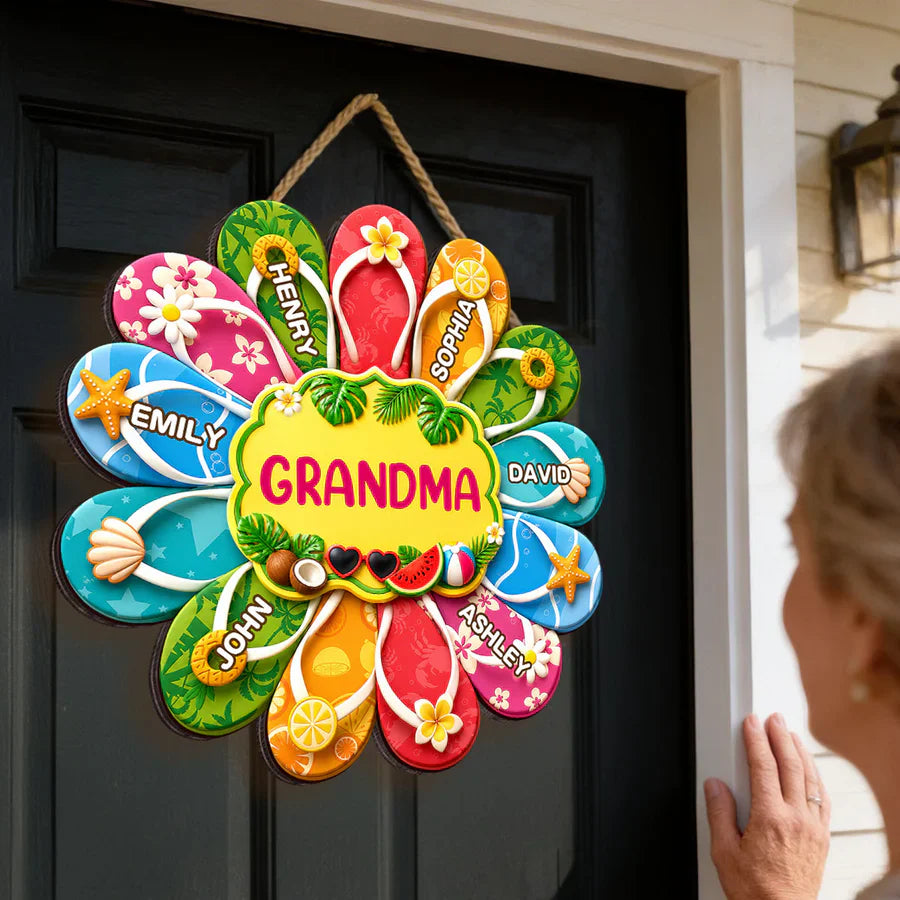 Personalized Grandma Wooden Sign, Tropical Flip Flop Custom Summer Decor, Unique Gift for Grandma