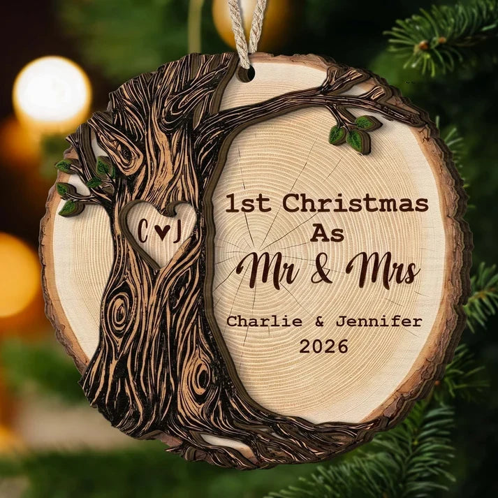Personalized Wooden Ornament, First Christmas as Mr & Mrs Keepsake for the Tree, Creative Gift for a Couple