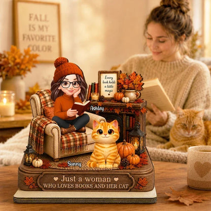 Personalized 2-Layer Wooden Plaque, Woman Reading With Her Cat, Warm Fall Keepsake, Unique Gift for Women Readers
