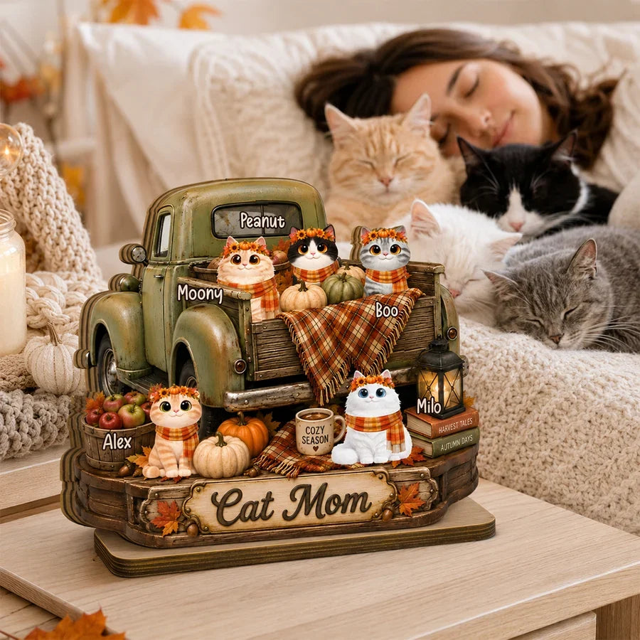 2-Layer Wooden Plaque, Personalized Cats by a Vintage Fall Truck, Heartfelt Creative Gift for Cat Lovers