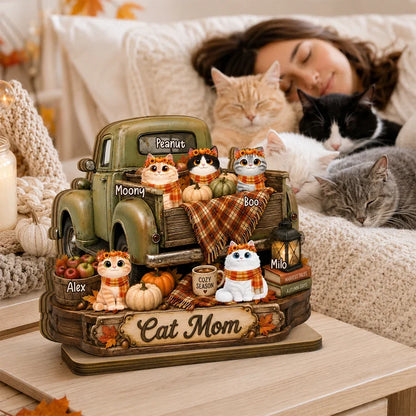2-Layer Wooden Plaque, Personalized Cats by a Vintage Fall Truck, Heartfelt Creative Gift for Cat Lovers