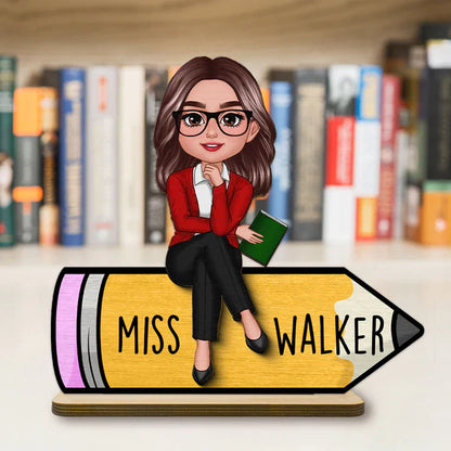 Personalized 2-Layer Wooden Plaque, Cartoon Teacher On Pencil, Unique Gift For Classroom Desk