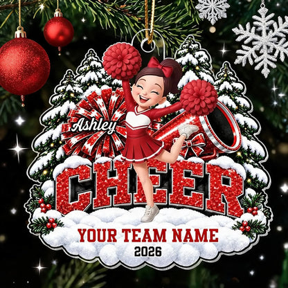 Personalized Acrylic Ornament, Cheerleader Cheering With Pom Poms by Snowy Trees, Unique Christmas Gift for Cheerleaders