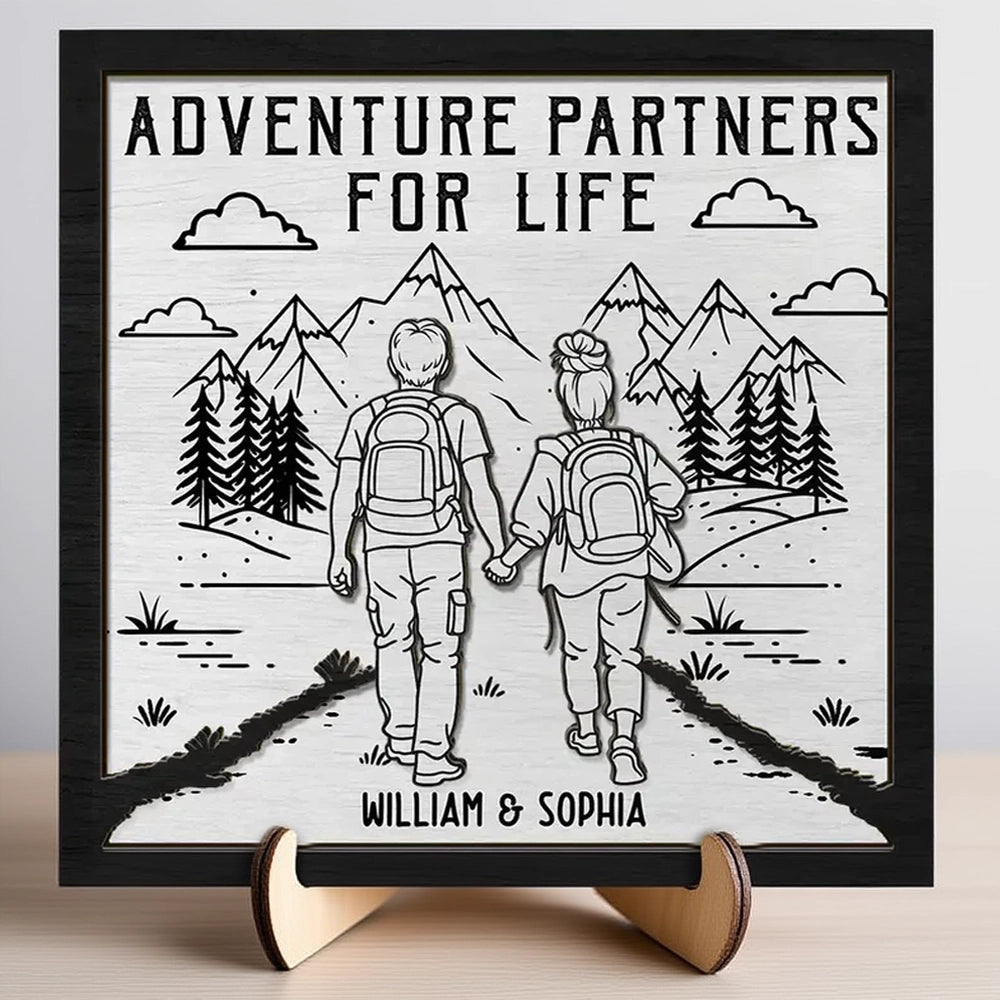 Personalized 2-Layer Wooden Plaque Adventure Partners For Life Couple Hiking Scene - Unique Gift For Your Favorite Travel Buddy