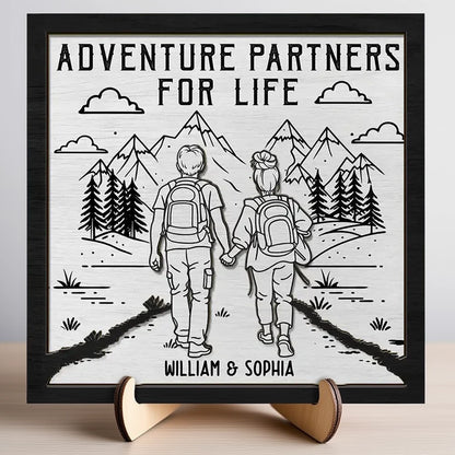 Personalized 2-Layer Wooden Plaque Adventure Partners For Life Couple Hiking Scene - Unique Gift For Your Favorite Travel Buddy