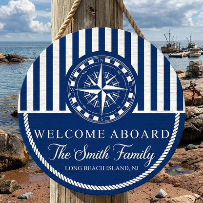 Personalized Welcome Aboard Wooden Sign With Nautical Compass And Stripes, Unique Coastal Gift For Families