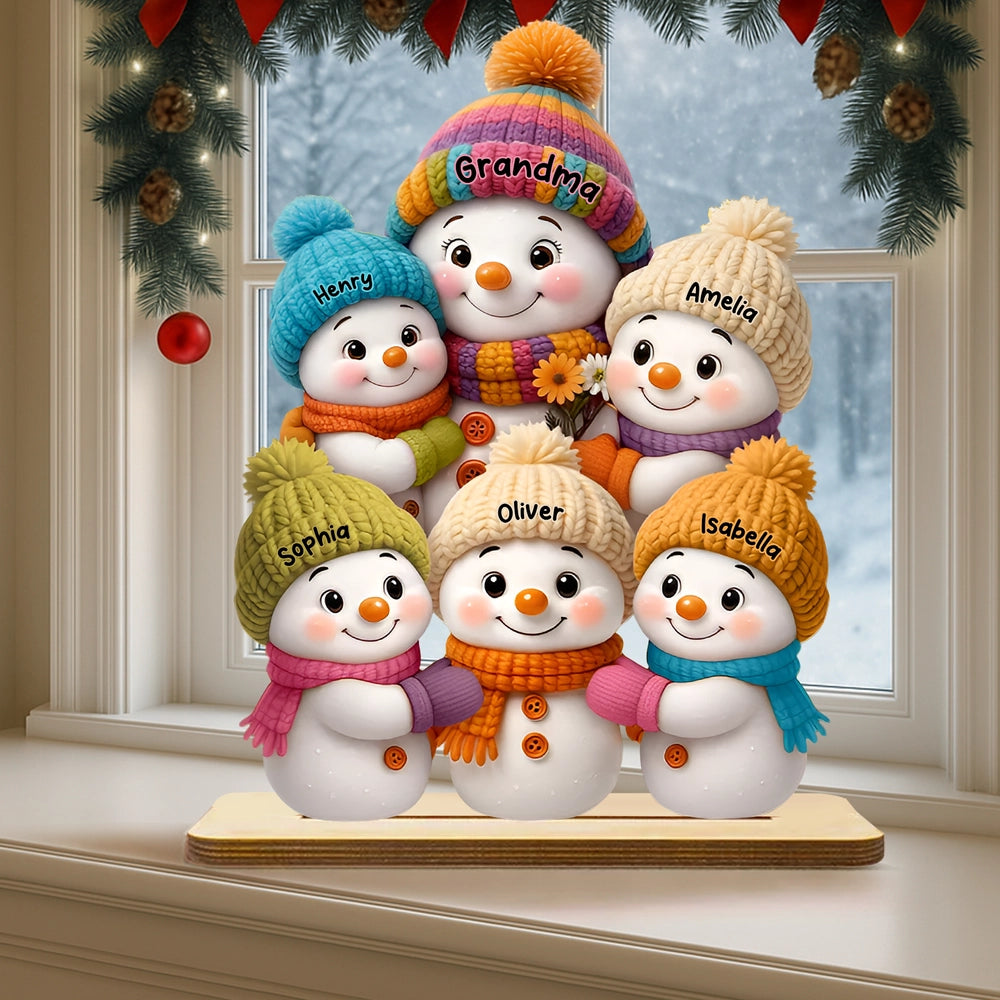 Personalized 2-Layer Wooden Plaque, Colorful Snowman Family by a Winter Window, Unique Christmas Gift for Grandparents