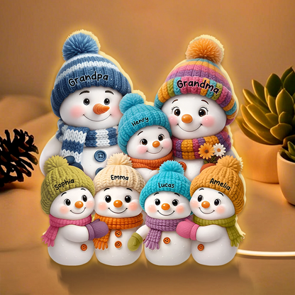 Snowman Family Acrylic Light Box with knitted hats, cozy holiday scene for grandparents, warm winter décor, a heartfelt Christmas gift