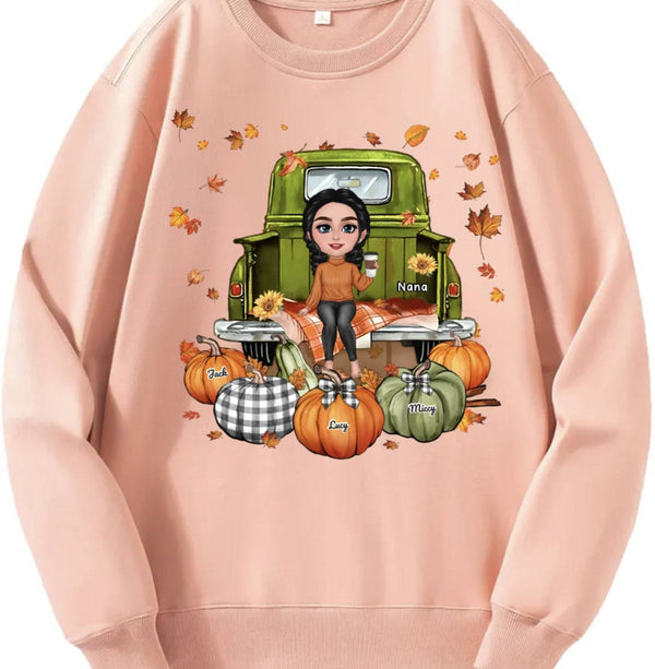 Grandma's Mom's Sitting On Truck Pumpkins Fall Season Personalized T-Shirt/Sweatshirt/Hoodie