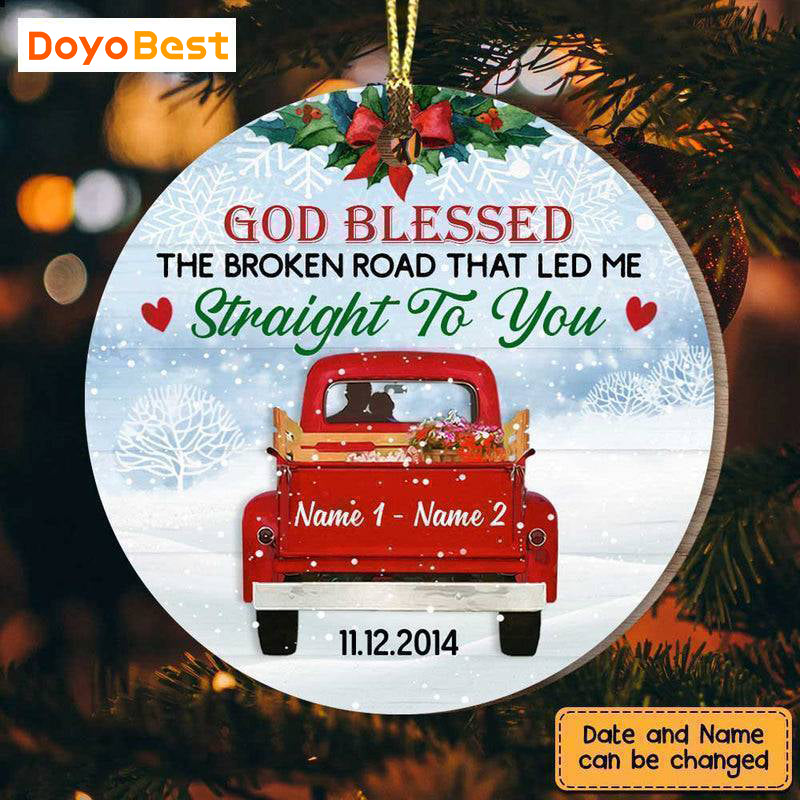 poster, Christmas Ornament: red pickup with tree, "God Blessed The Broken Road" quote