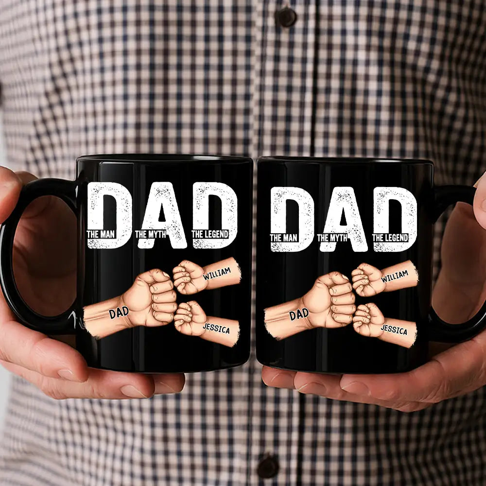 Personalized Legend Dad Mug – Full-Color Black Cup with Kid Fists, Unique Gift for Father