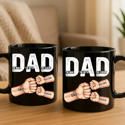 Personalized Legend Dad Mug – Full-Color Black Cup with Kid Fists, Unique Gift for Father