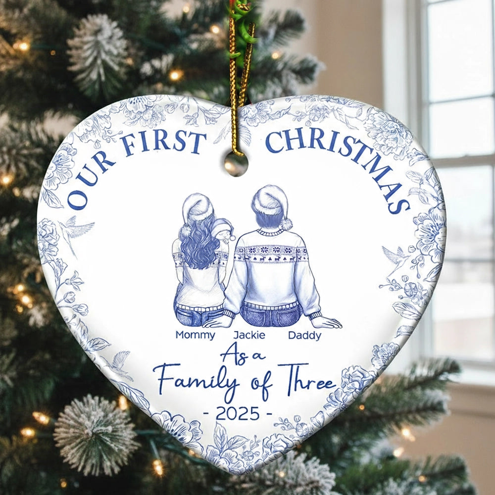 Ceramic Heart Ornament for First Christmas – Custom Family or Pets Illustration, Sentimental Keepsake, Perfect Gift for Loved Ones