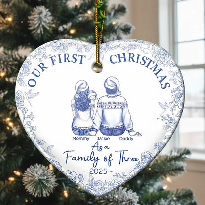 Ceramic Heart Ornament for First Christmas – Custom Family or Pets Illustration, Sentimental Keepsake, Perfect Gift for Loved Ones