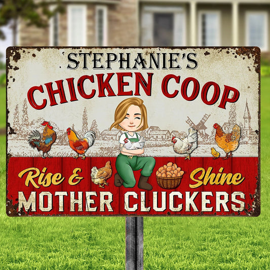 Personalized Rectangular Iron Sign Chicken Coop Farmhouse Cartoon, Rise & Shine Mother Cluckers, Unique Gift