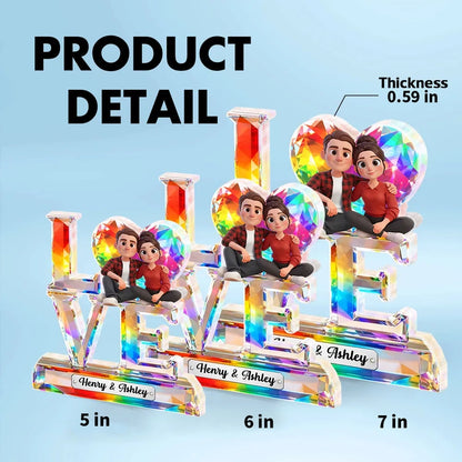 Personalized LOVE Shaped Acrylic Block Plaque With Cozy Sitting Couple, Rainbow Crystal Look Decor, Unique Gift For Her Or Him