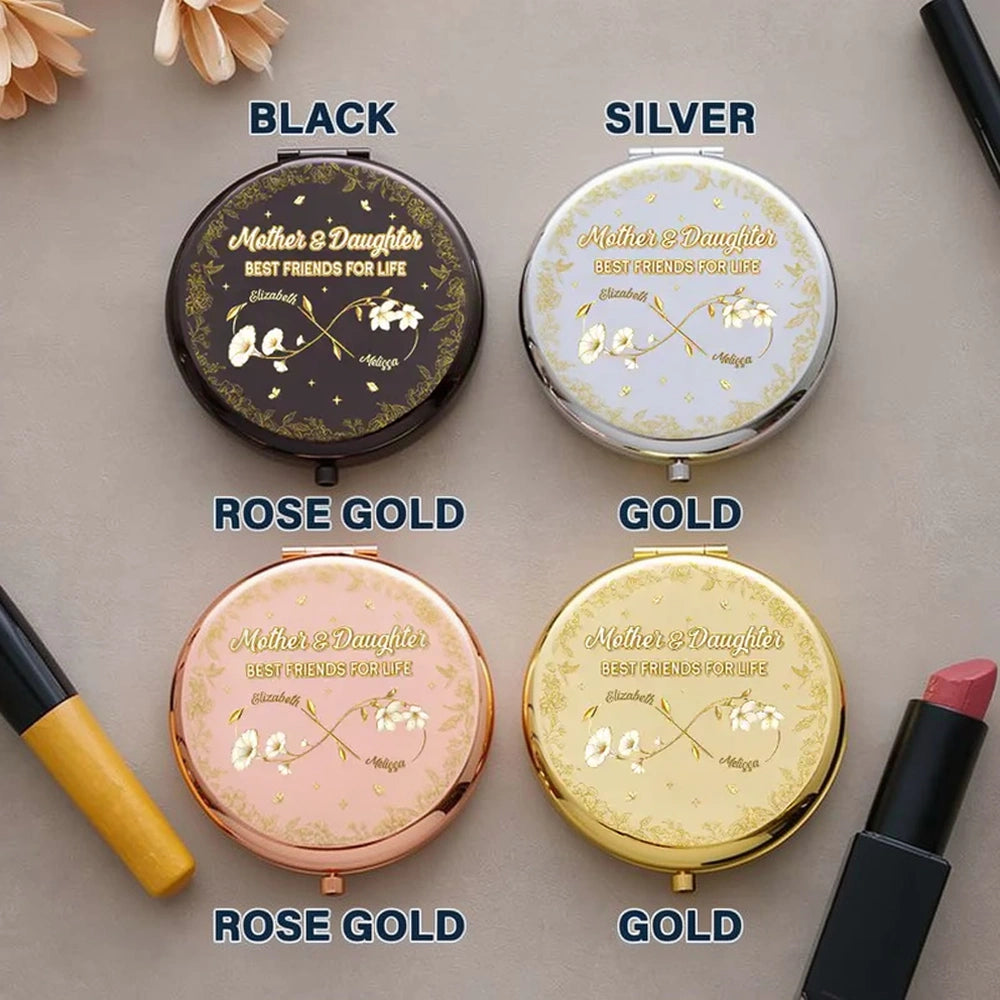 Mother & Daughter Forever Linked Together Metal Compact Mirror, Personalized Floral Pocket Mirror, Sweet Everyday Gift for Mom