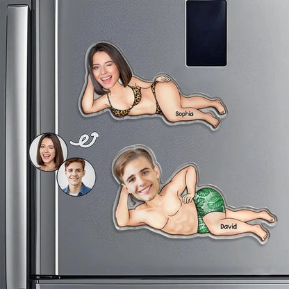 Personalized Funny Face Acrylic Fridge Magnet, Lying Down Pin-Up Style Kitchen Decor, Unique Gag Gift for Couple
