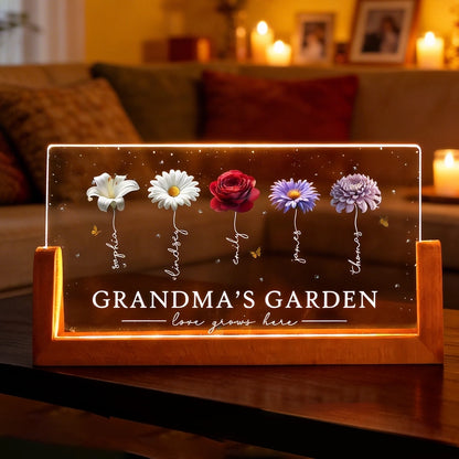 Personalized Grandma's Garden LED Light Frame With Birth Flowers, Cozy Nightstand Glow, Unique Gift For Grandma