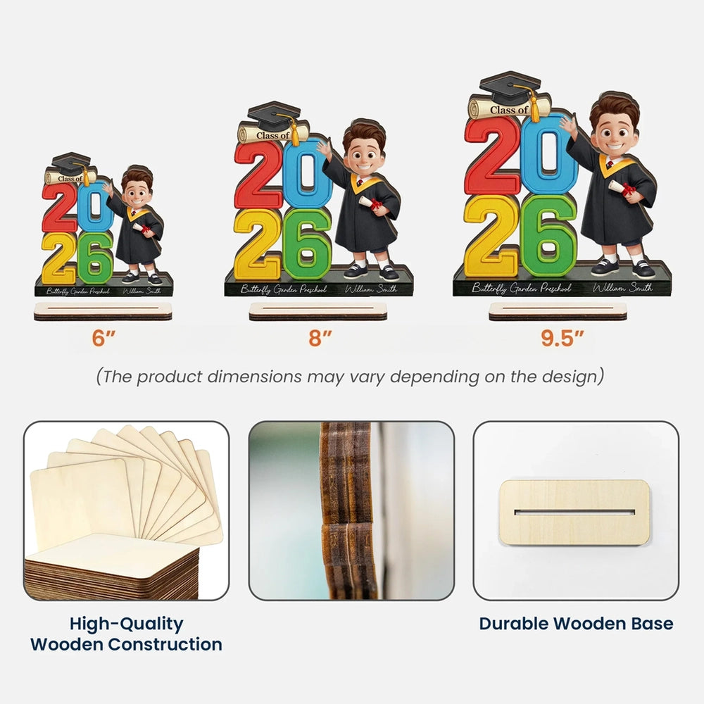 Personalized 2-Layer Wooden Plaque Graduation Boy Waving Class Display, Bright Modern Keepsake, Unique Gift