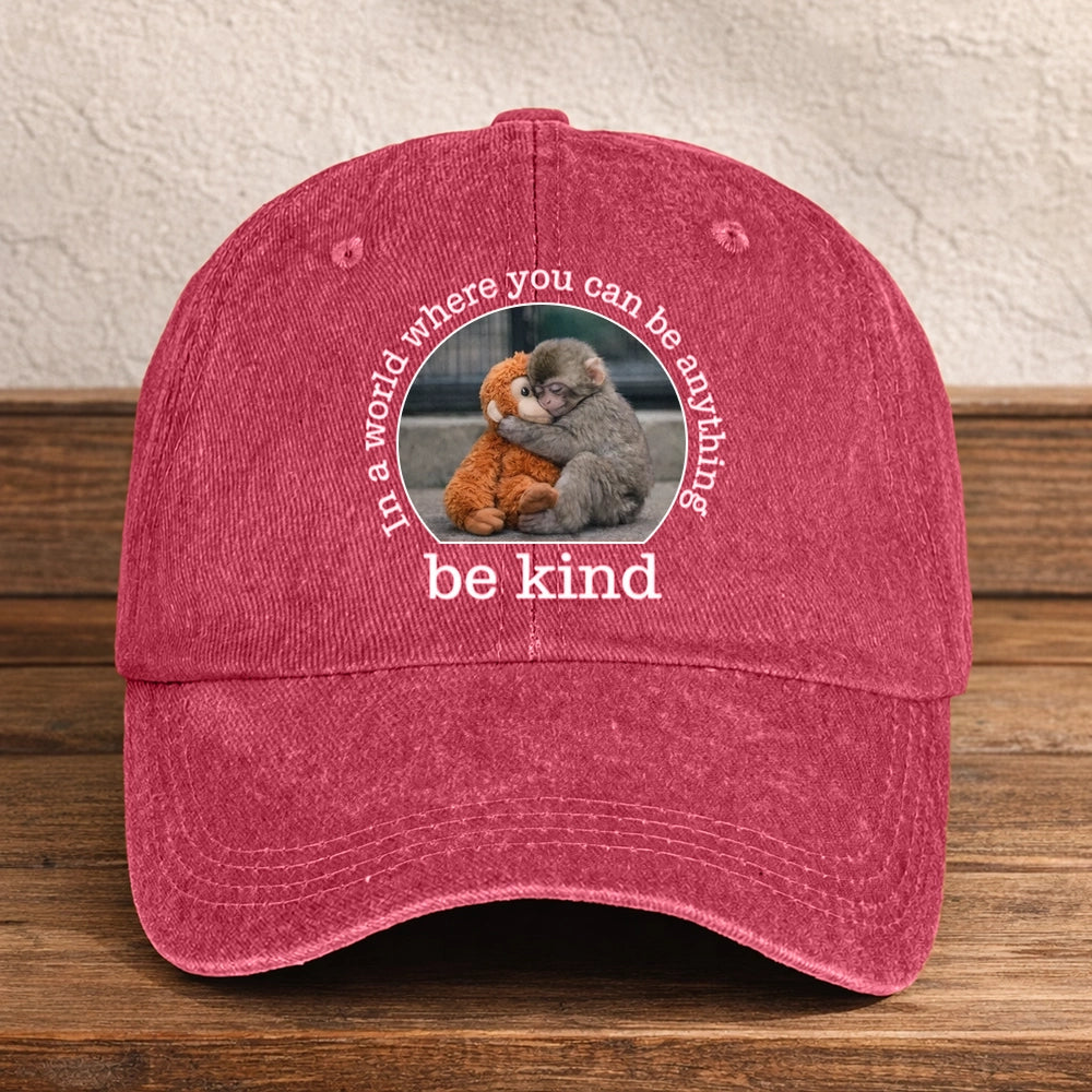Personalized Washed Denim Baseball Cap With Be Kind Monkey Hug Graphic - Vintage Look Casual Outdoor Wear Unique Gift