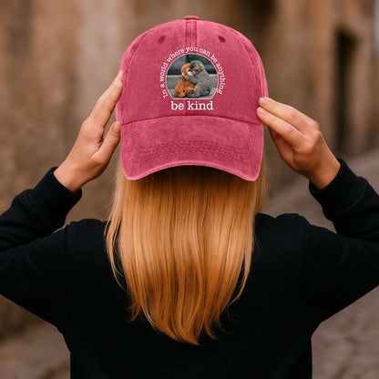 Personalized Washed Denim Baseball Cap With Be Kind Monkey Hug Graphic - Vintage Look Casual Outdoor Wear Unique Gift