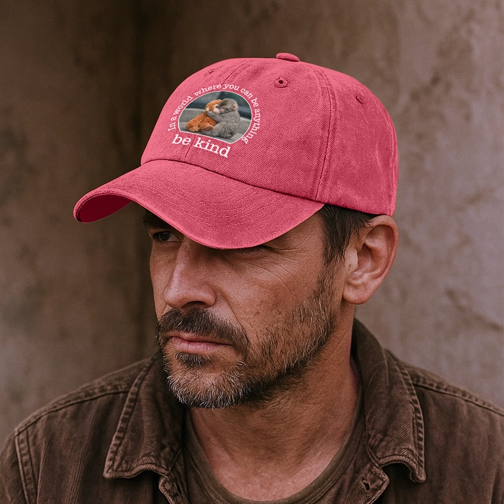 Personalized Washed Denim Baseball Cap With Be Kind Monkey Hug Graphic - Vintage Look Casual Outdoor Wear Unique Gift