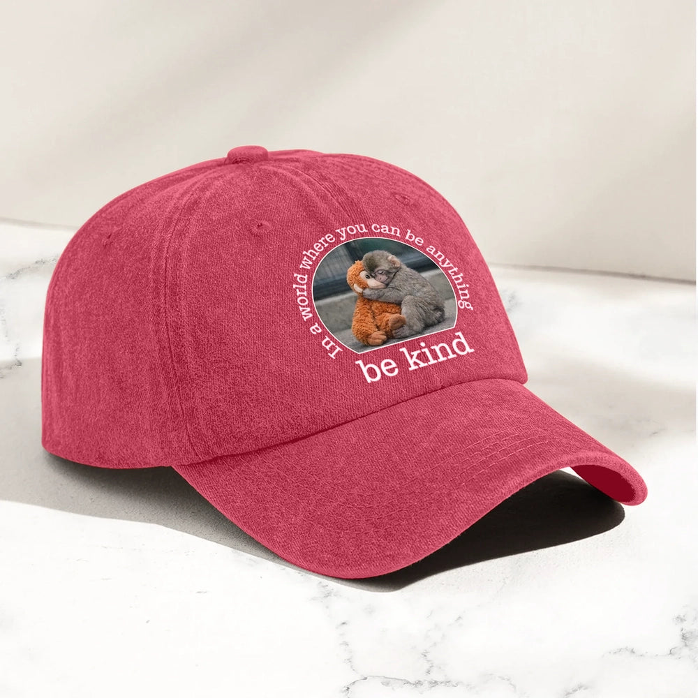 Personalized Washed Denim Baseball Cap With Be Kind Monkey Hug Graphic - Vintage Look Casual Outdoor Wear Unique Gift