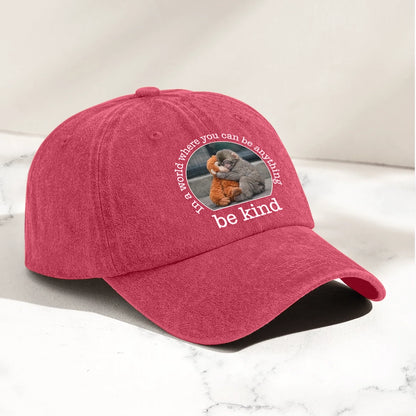 Personalized Washed Denim Baseball Cap With Be Kind Monkey Hug Graphic - Vintage Look Casual Outdoor Wear Unique Gift