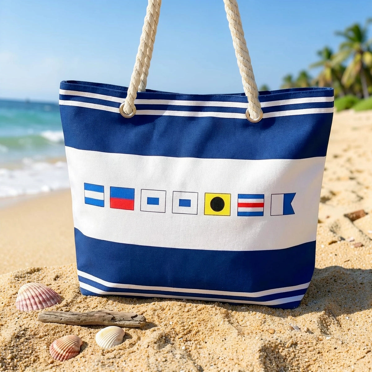 Personalized Nautical Flag Rope Handle Canvas Bag for Beach Days - Unique Coastal Gift for Her