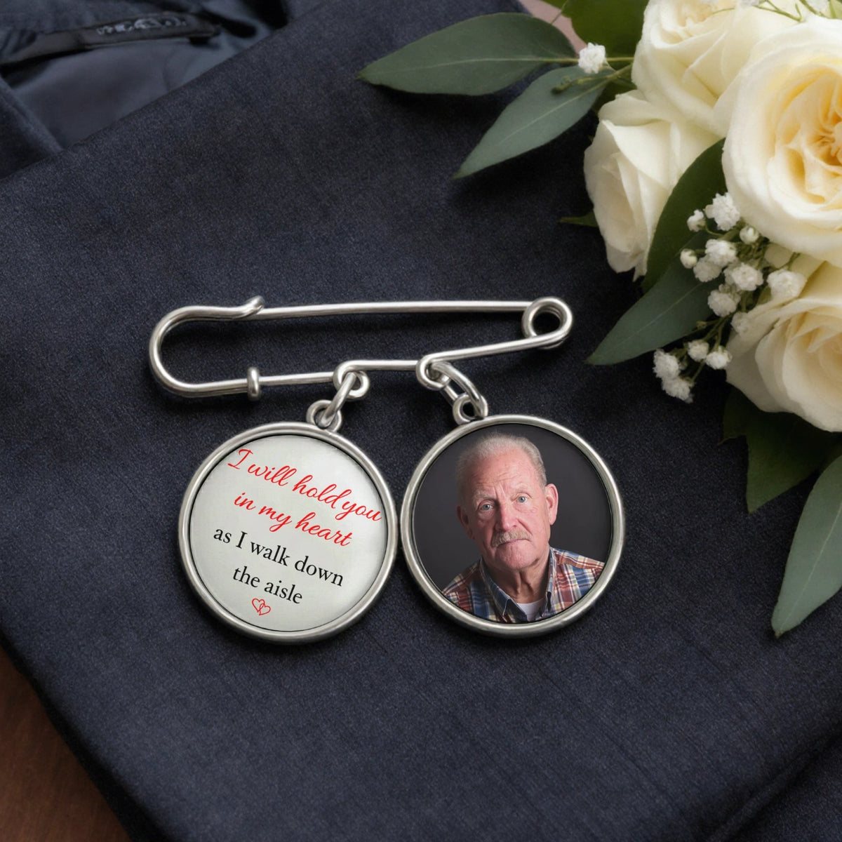 Personalized Alloy Charm Lapel Pin With Custom Photo - Wedding Day Memorial Gift, Hold You In My Heart