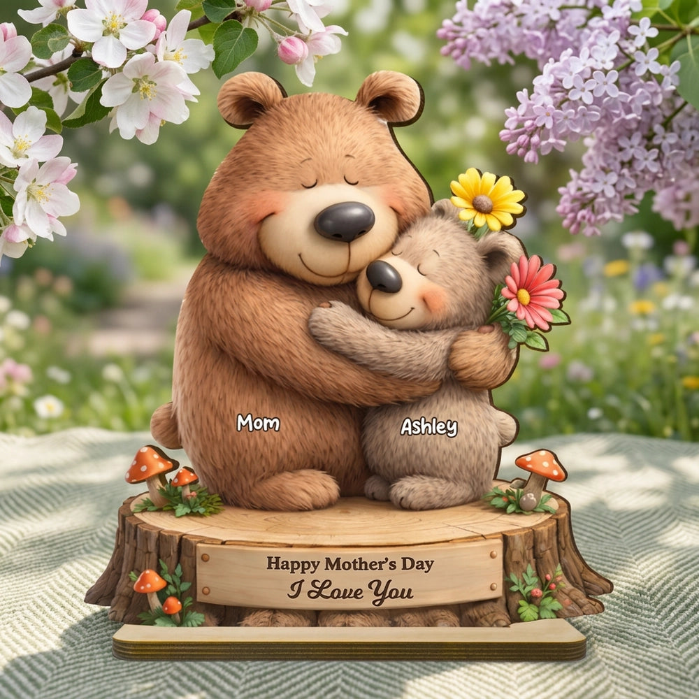 Personalized 2-Layer Wooden Plaque with Hugging Bear Mom and Child, Mother's Day Living Room Display, Unique Gift for Mom