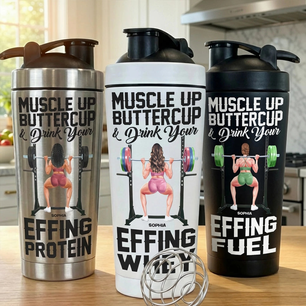 Stainless Steel Protein Shaker, Personalized Muscle Up Buttercup Quote - Unique Fitness Gift for Gym Lovers