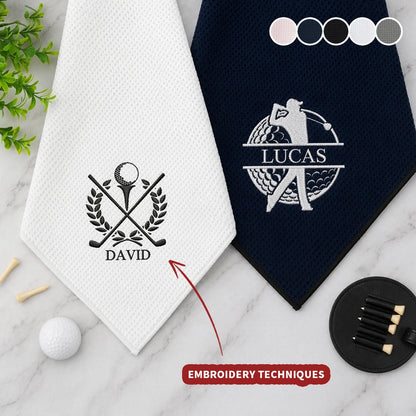 Personalized Golf Gift Set - Matching Embroidered Towel and Golf Ball Stamp with Custom Designs