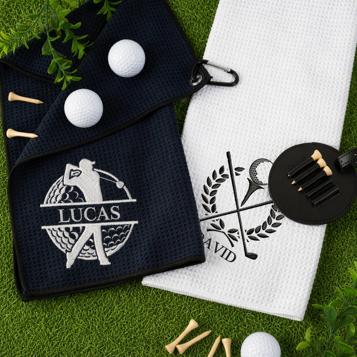 Personalized Golf Gift Set - Matching Embroidered Towel and Golf Ball Stamp with Custom Designs