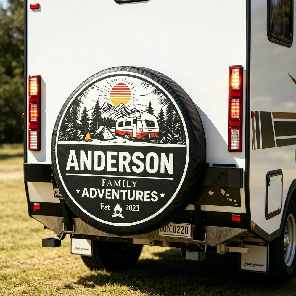 Personalized PVC Spare Tire Cover for RV Camper Trips, Family Adventures Mountain Badge Design, Unique Gift for Travel Lovers