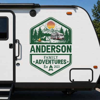 Personalized Sticker Decal for RV Camper Family Adventures Badge, Mountain Camping Scene, Unique Gift for Travel Lovers
