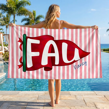 Personalized Beach Towel With Bold Red Pennant Name Design For Poolside Lounging A Unique Gift For Her