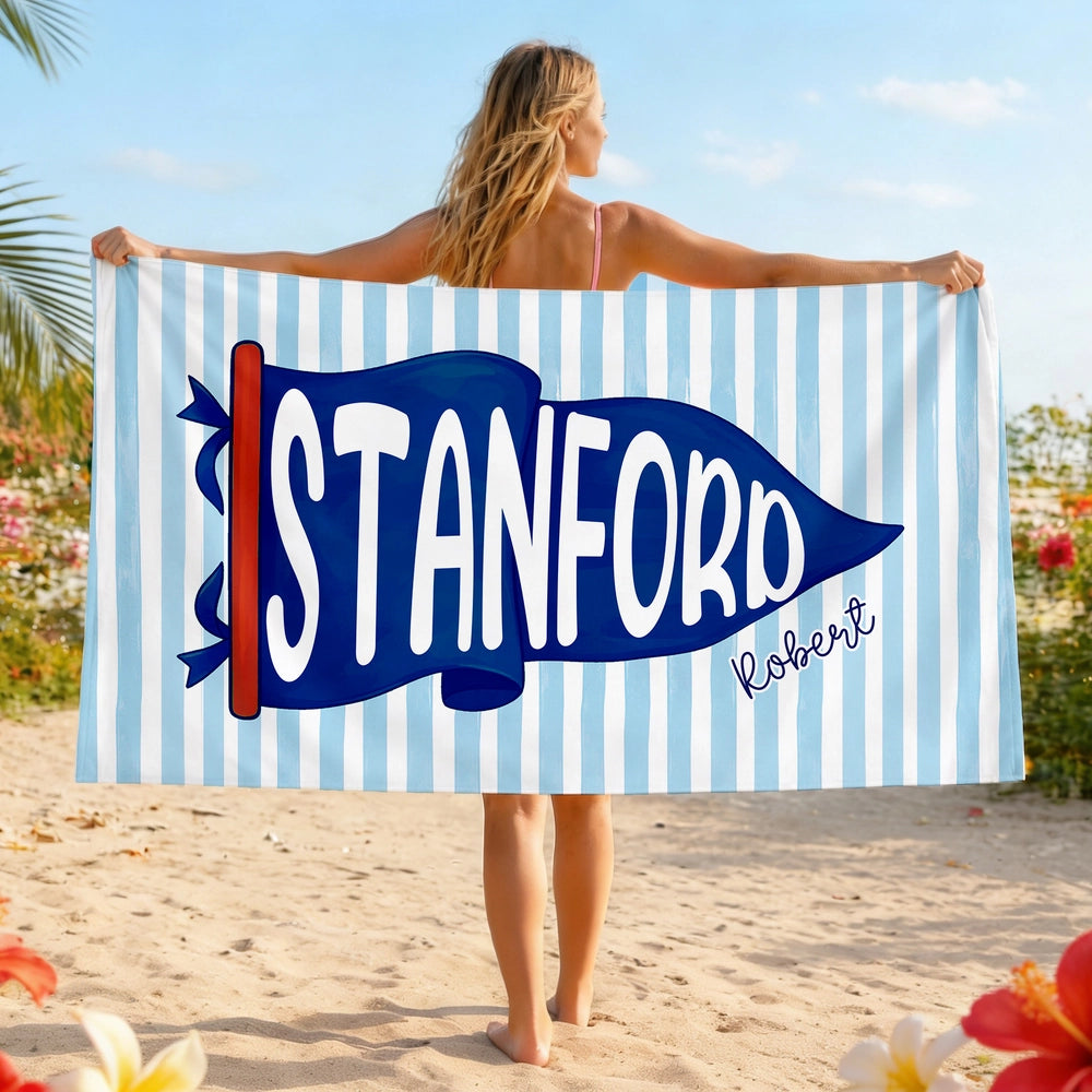 Personalized Beach Towel With Bold Red Pennant Name Design For Poolside Lounging A Unique Gift For Her