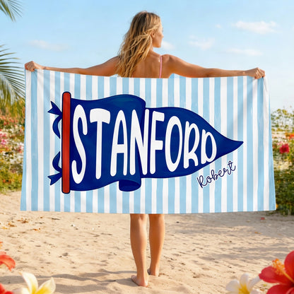 Personalized Beach Towel With Bold Red Pennant Name Design For Poolside Lounging A Unique Gift For Her