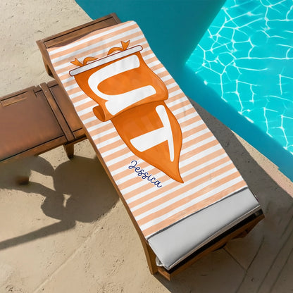 Personalized Beach Towel With Bold Red Pennant Name Design For Poolside Lounging A Unique Gift For Her