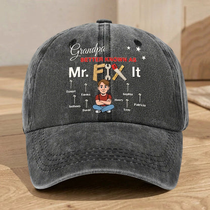 Custom Washed Denim Baseball Cap For Grandpa, Creative Handyman Gift With Tool Art