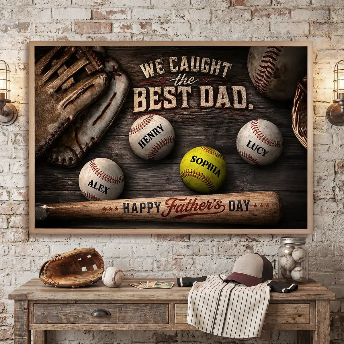 Personalized Baseball Dad Poster with Glove & Balls, Unique Father's Day Gift for Dad