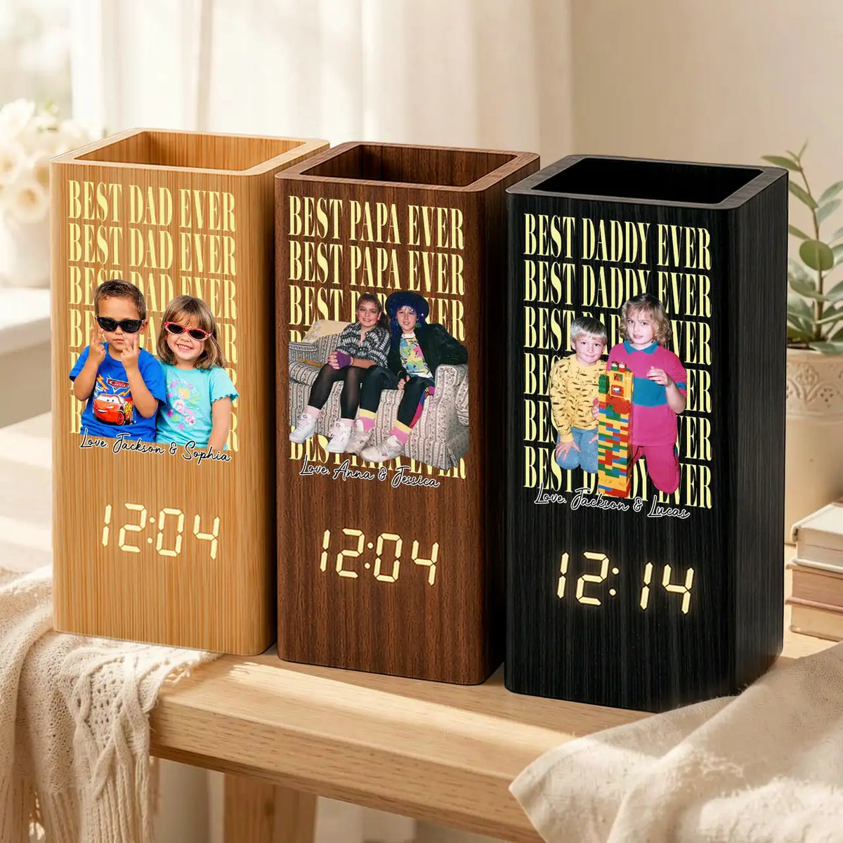 Personalized Wooden Pen Holder Clock With Custom Kids Photo, Father's Day Unique Gift For Dad