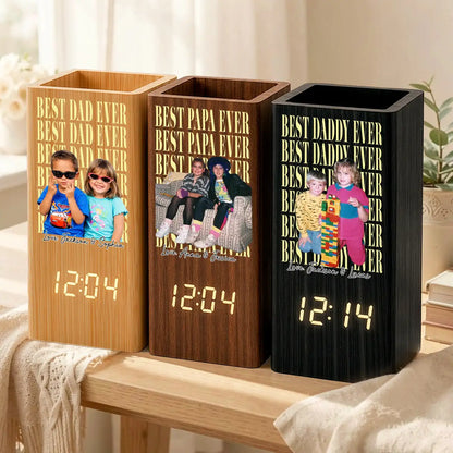 Personalized Wooden Pen Holder Clock With Custom Kids Photo, Father's Day Unique Gift For Dad