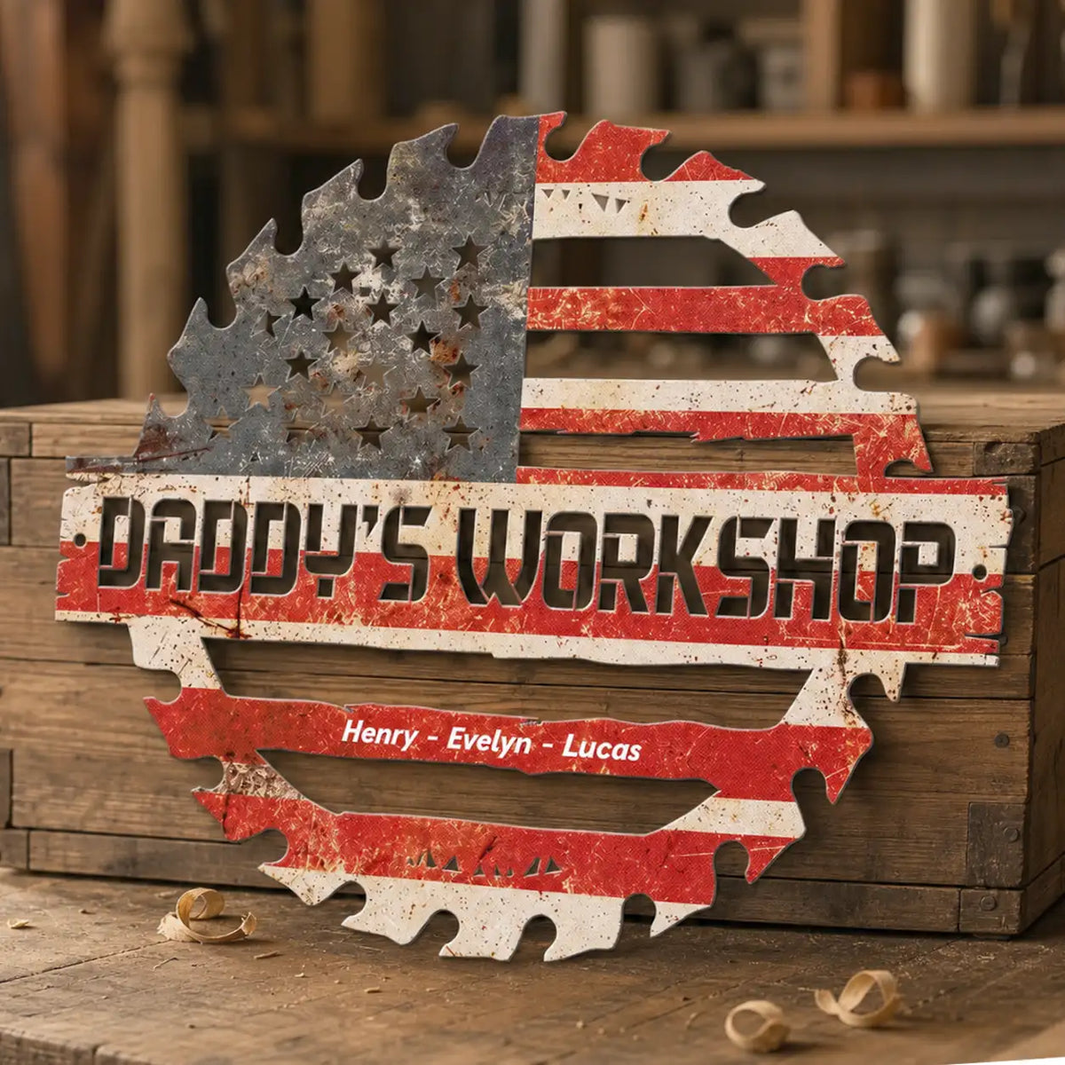Personalized Shaped Metal Sign, Daddy's Workshop American Flag Decor, Unique Gift for Dad