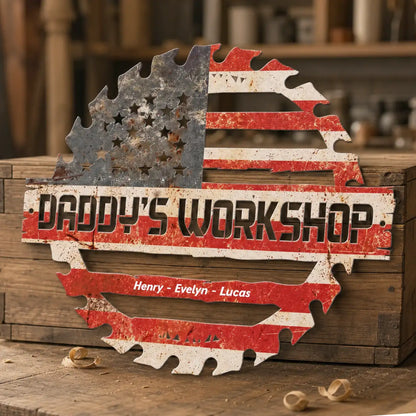 Personalized Shaped Metal Sign, Daddy's Workshop American Flag Decor, Unique Gift for Dad
