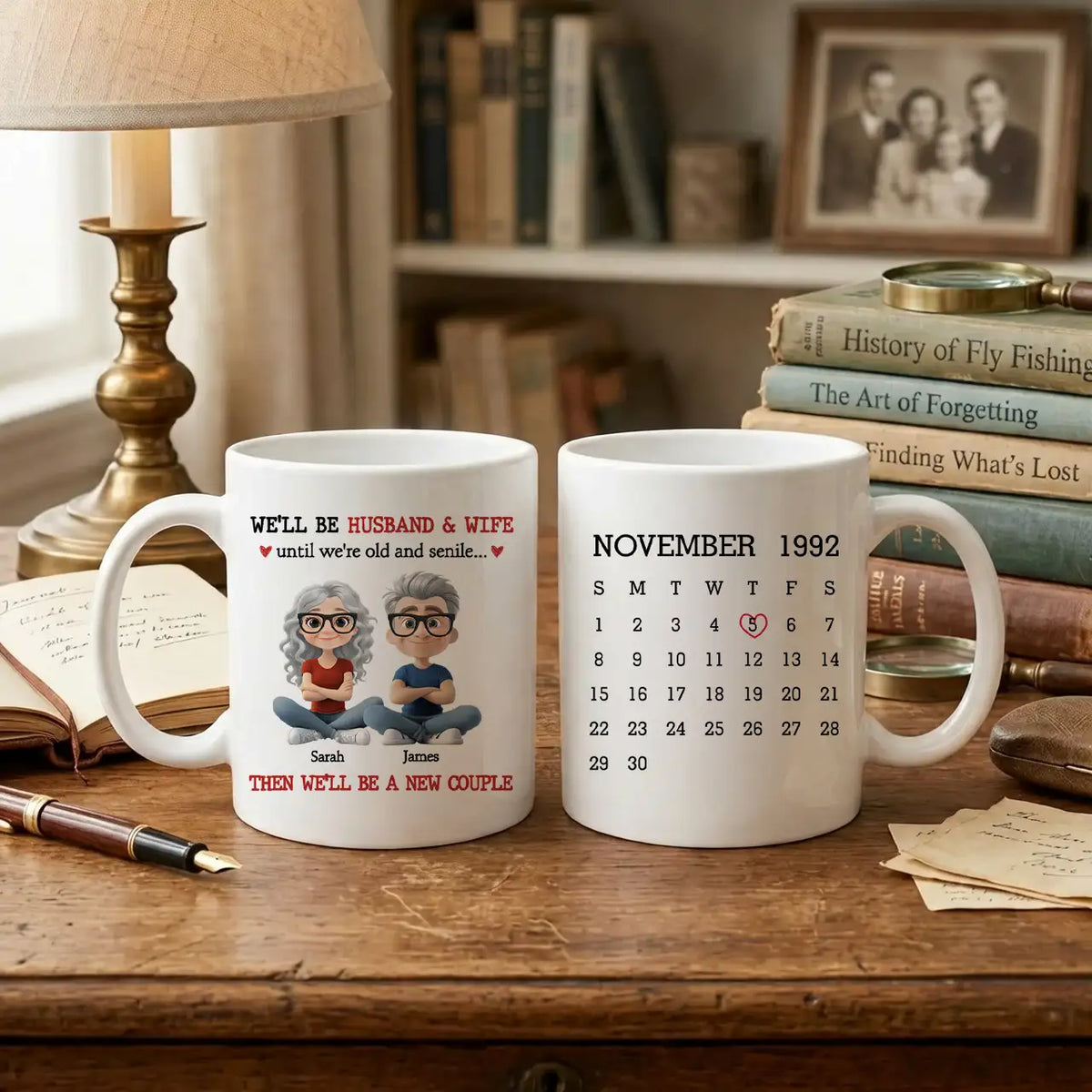 Personalized Ceramic Mug with Sitting Cartoon Couple, Calendar Date Design, Unique Gift for Husband & Wife